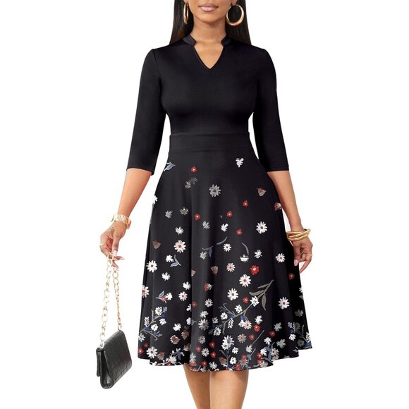 WomenBlack Floral 3/4 Sleeve Semi Formal Fit and Flare A-line Dress With  Pockets